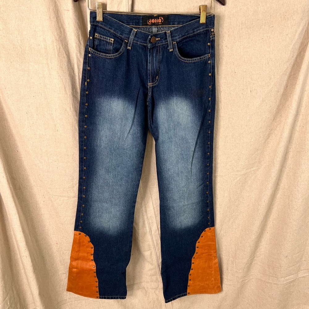 NWT Soho Couture Junior's Size 3 Dark Wash Denim Flare Leather Studded Jeans